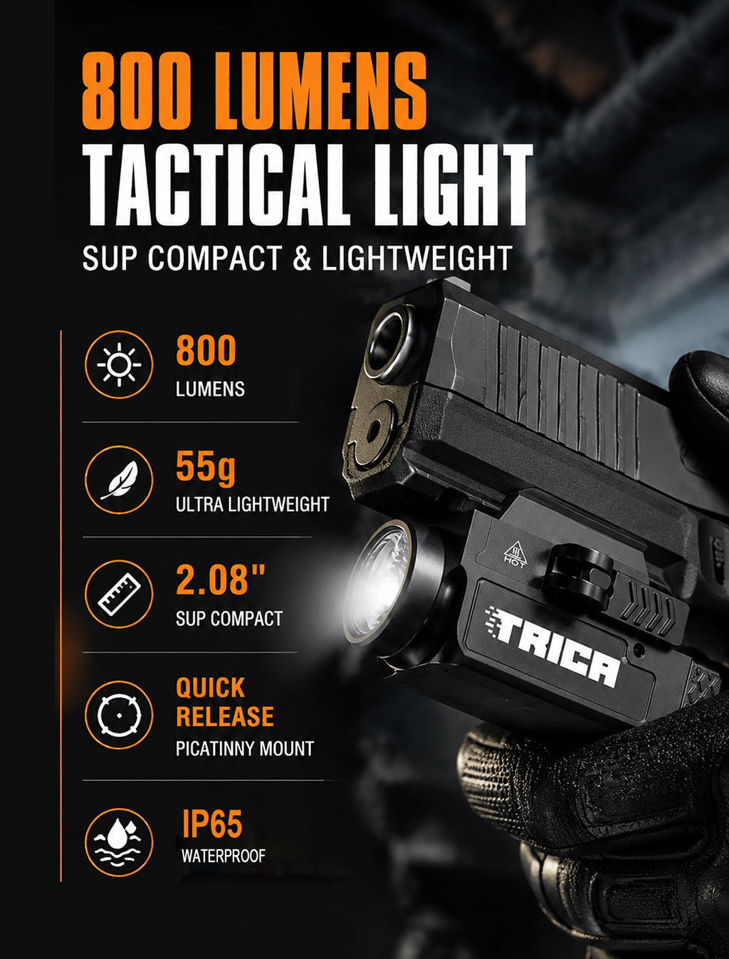 Trica 800-Lumen Tactical Gun Flashlight – Quick Release, USB Rechargeable, GL/Picatinny Rail