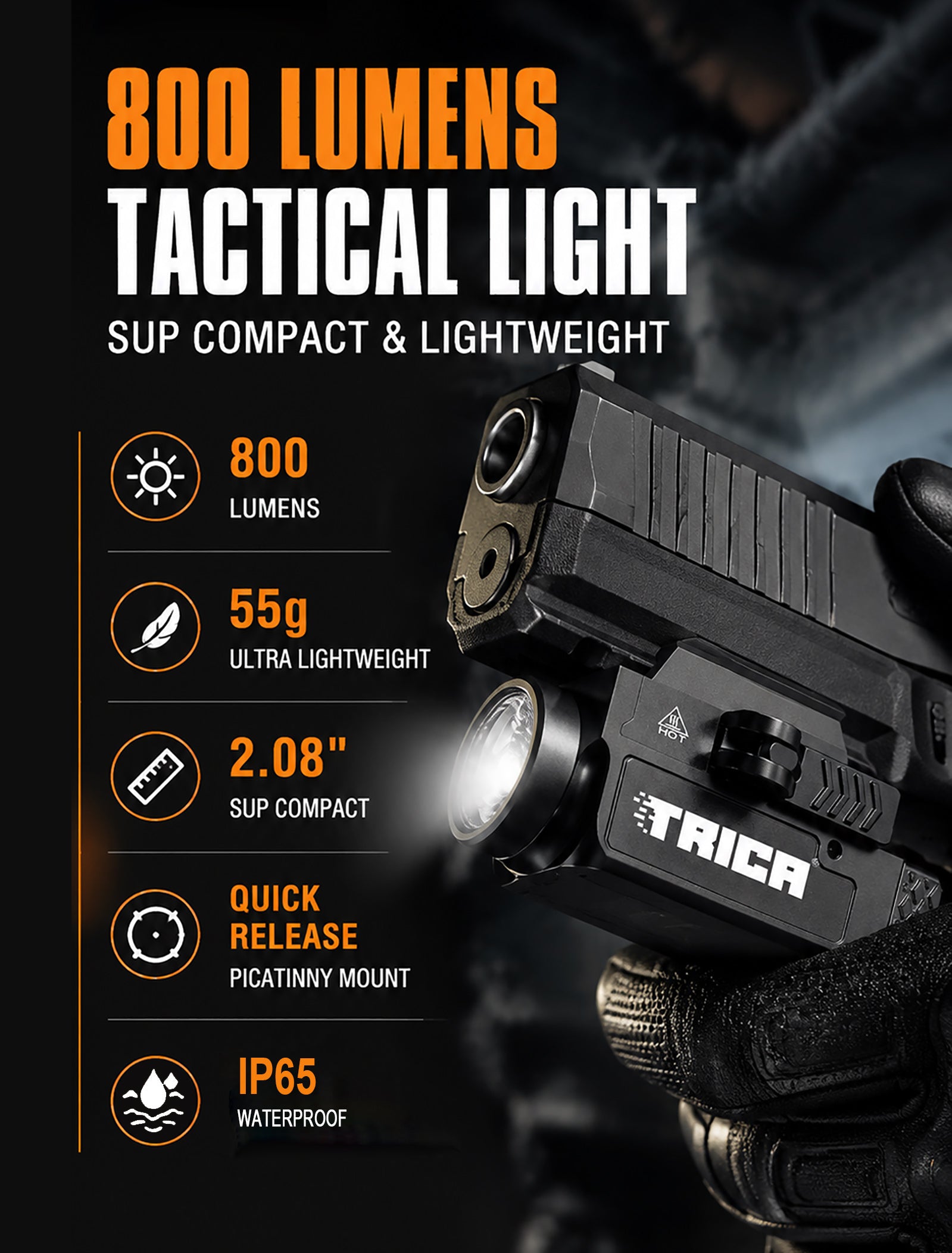 Trica 800-Lumen Tactical Gun Flashlight – Quick Release, USB Rechargeable, GL/Picatinny Rail