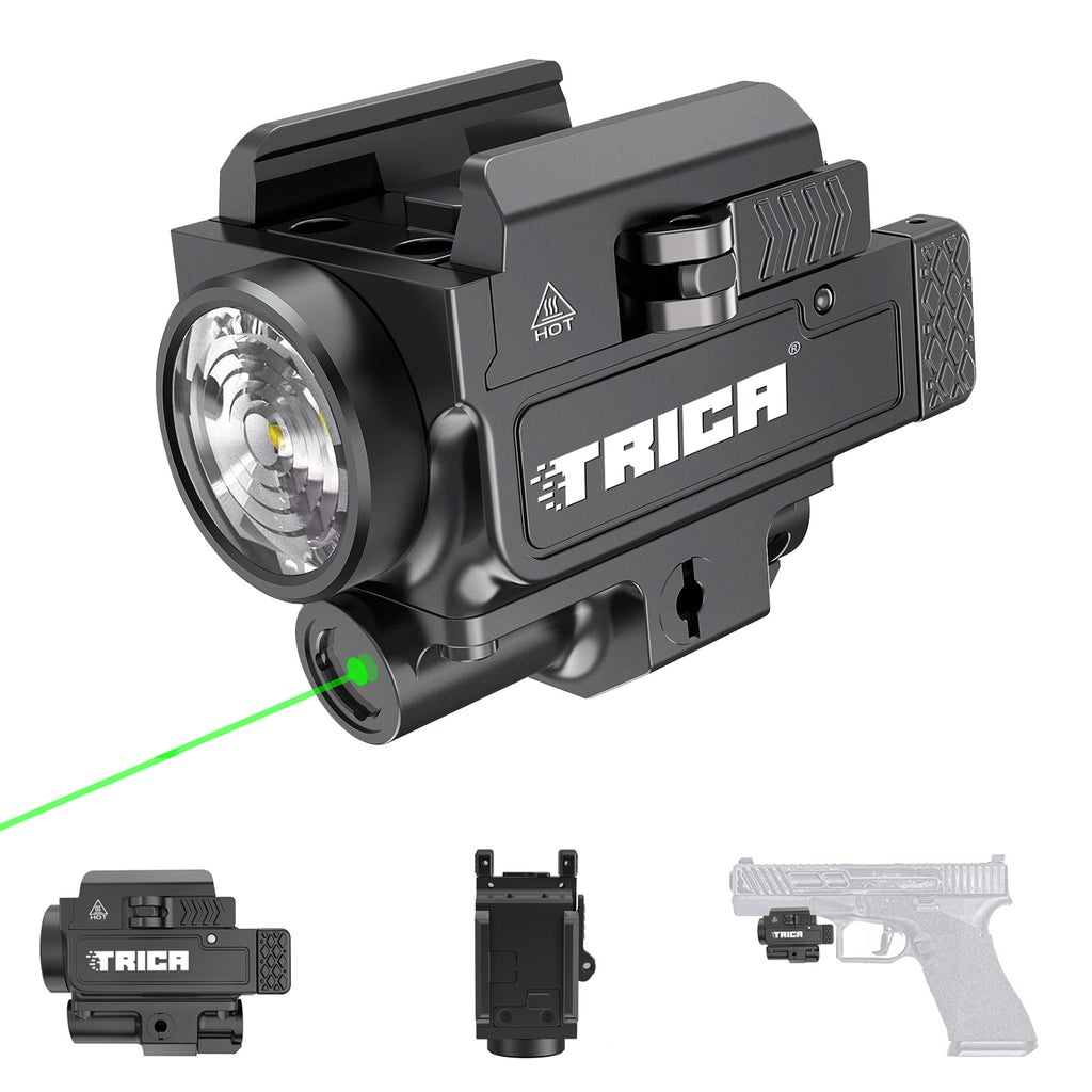 Trica 800-Lumen Pistol Light with Green Laser – Strobe, Quick Detach, GL/Picatinny Rail