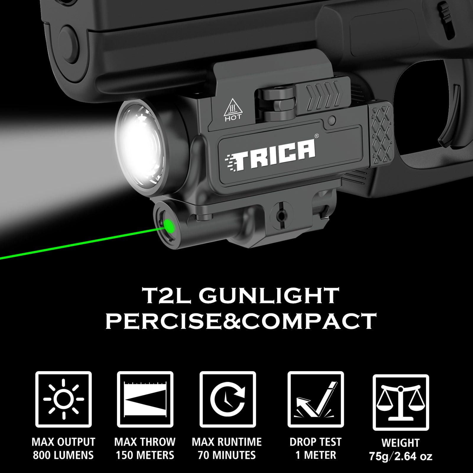 Trica 800-Lumen Pistol Light with Green Laser – Strobe, Quick Detach, GL/Picatinny Rail