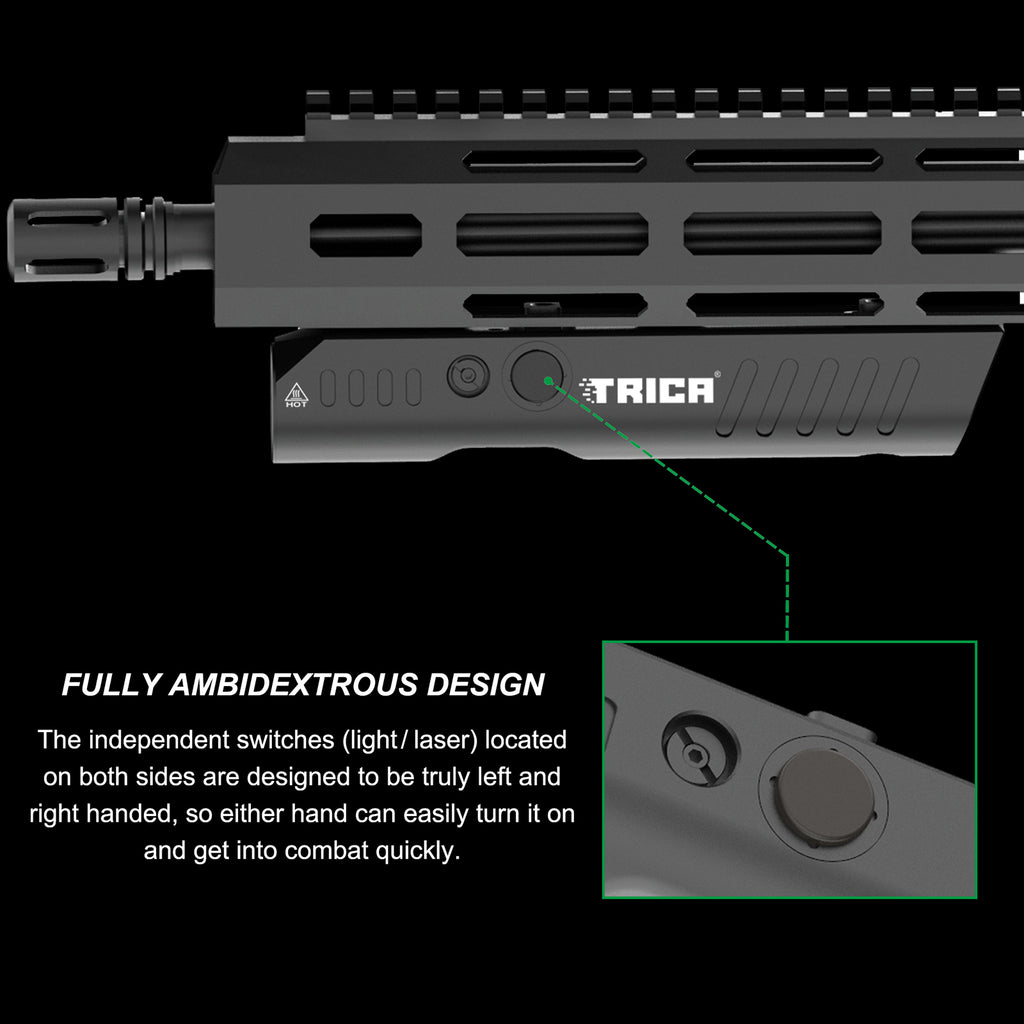 Trica TM60L 1350-Lumen Rifle Flashlight & Green Laser Combo – M-LOK Mount, Strobe