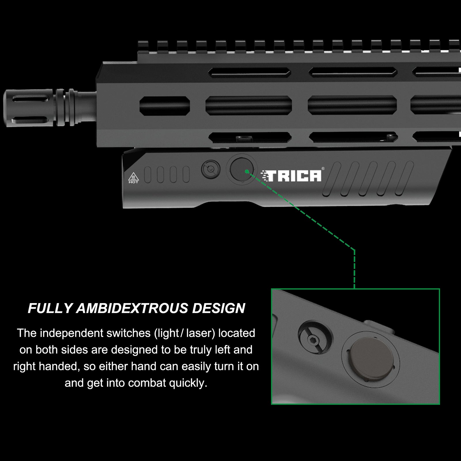 Trica TM60L 1350-Lumen Rifle Flashlight & Green Laser Combo – M-LOK Mount, Strobe