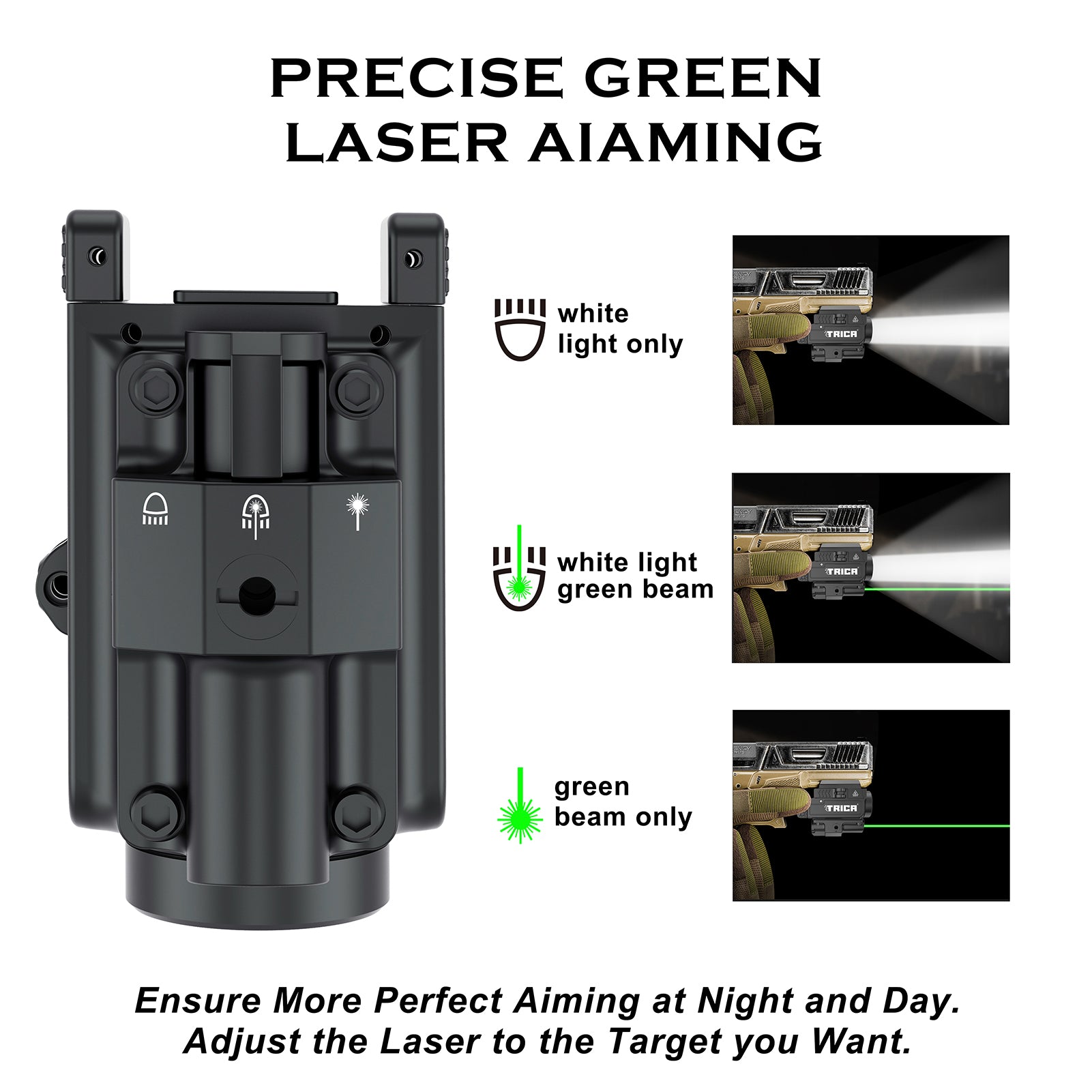 Trica 800-Lumen Pistol Light with Green Laser – Strobe, Quick Detach, GL/Picatinny Rail