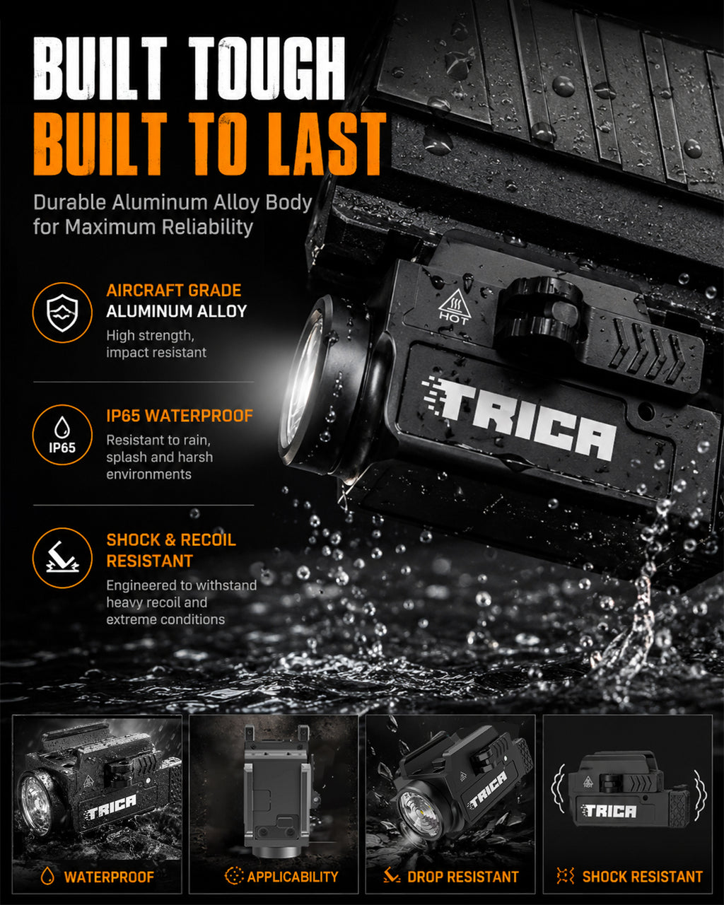 Trica 800-Lumen Tactical Gun Flashlight – Quick Release, USB Rechargeable, GL/Picatinny Rail