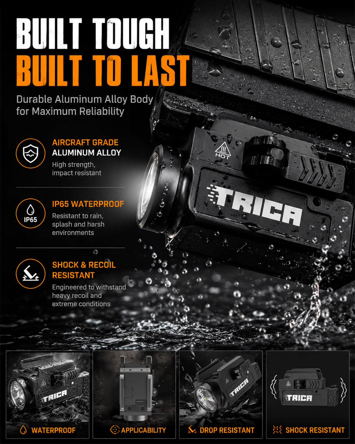 Trica 800-Lumen Tactical Gun Flashlight – Quick Release, USB Rechargeable, GL/Picatinny Rail
