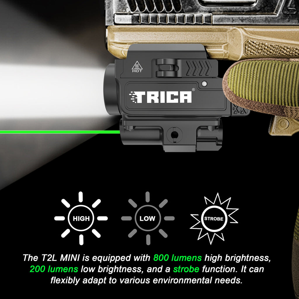 Trica 800-Lumen Pistol Light with Green Laser – Strobe, Quick Detach, GL/Picatinny Rail