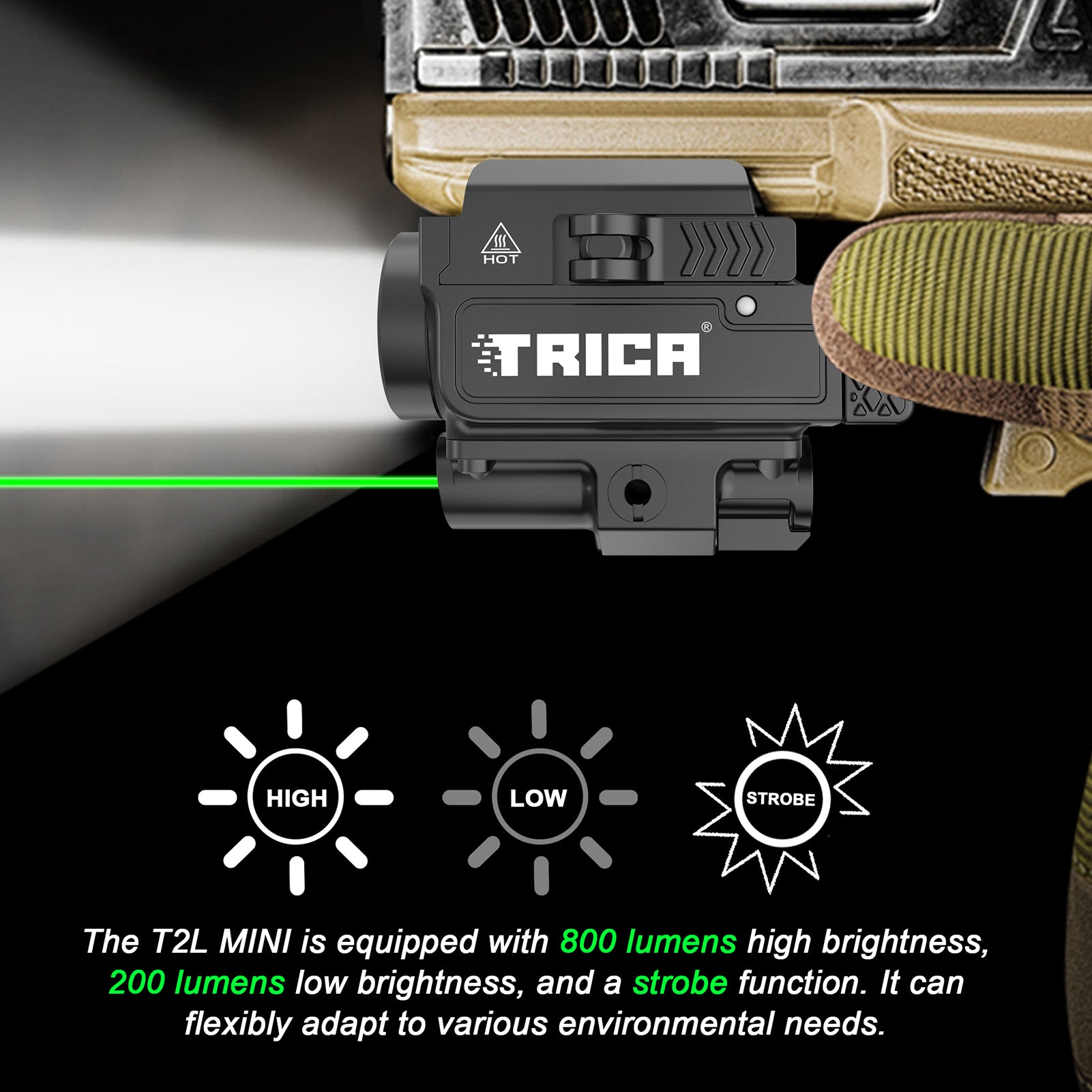 Trica 800-Lumen Pistol Light with Green Laser – Strobe, Quick Detach, GL/Picatinny Rail