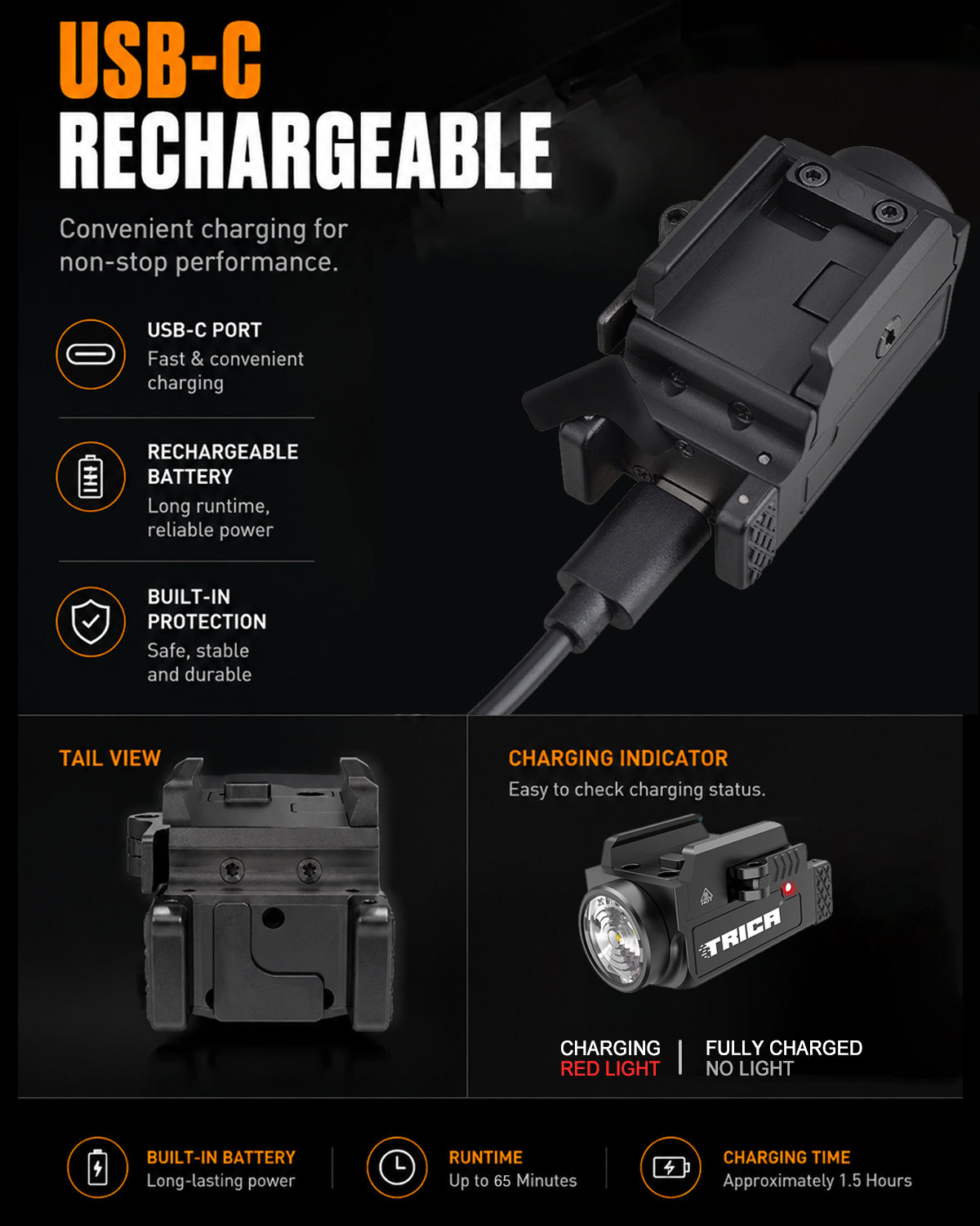 Trica 800-Lumen Tactical Gun Flashlight – Quick Release, USB Rechargeable, GL/Picatinny Rail