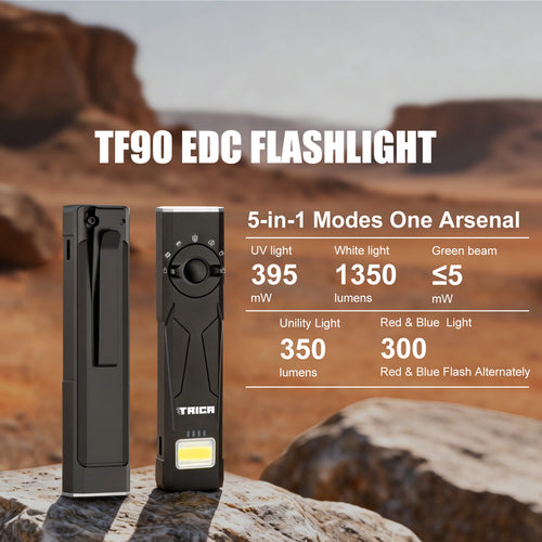 Trica 1350-Lumen EDC Flashlight – Green Beam, UV, Strobe, USB Rechargeable