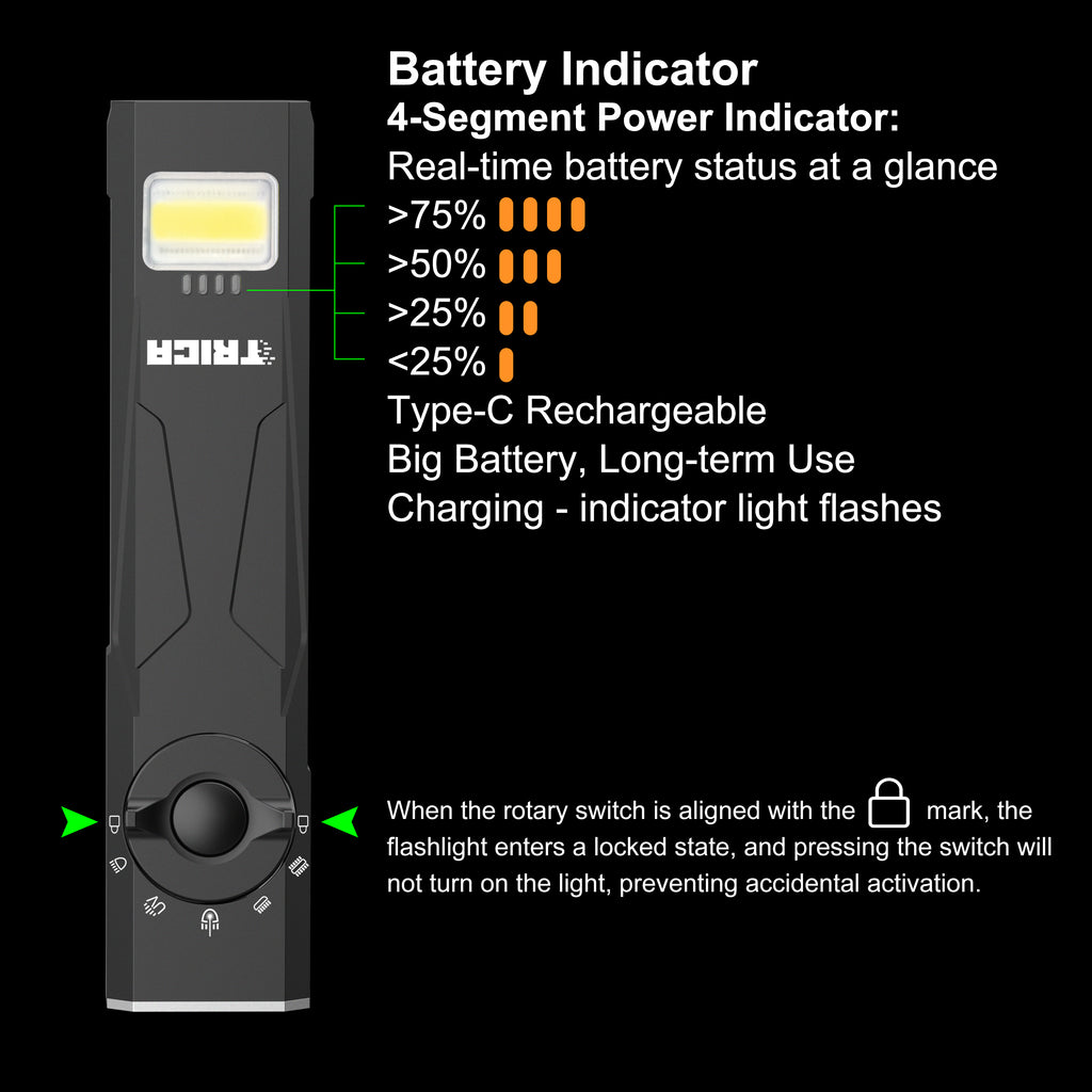 Trica 1350-Lumen EDC Flashlight – Green Beam, UV, Strobe, USB Rechargeable