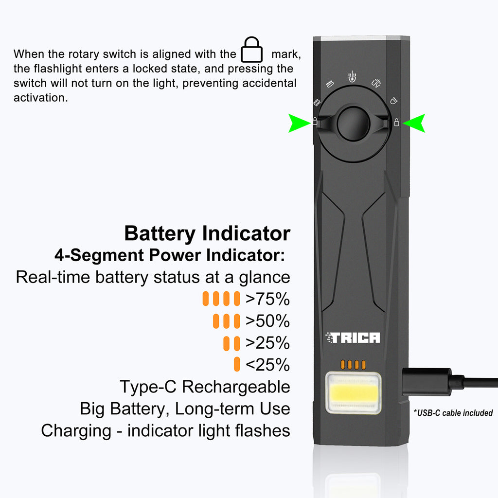 Trica 1350-Lumen EDC Flashlight – Green Beam, UV, Strobe, USB Rechargeable