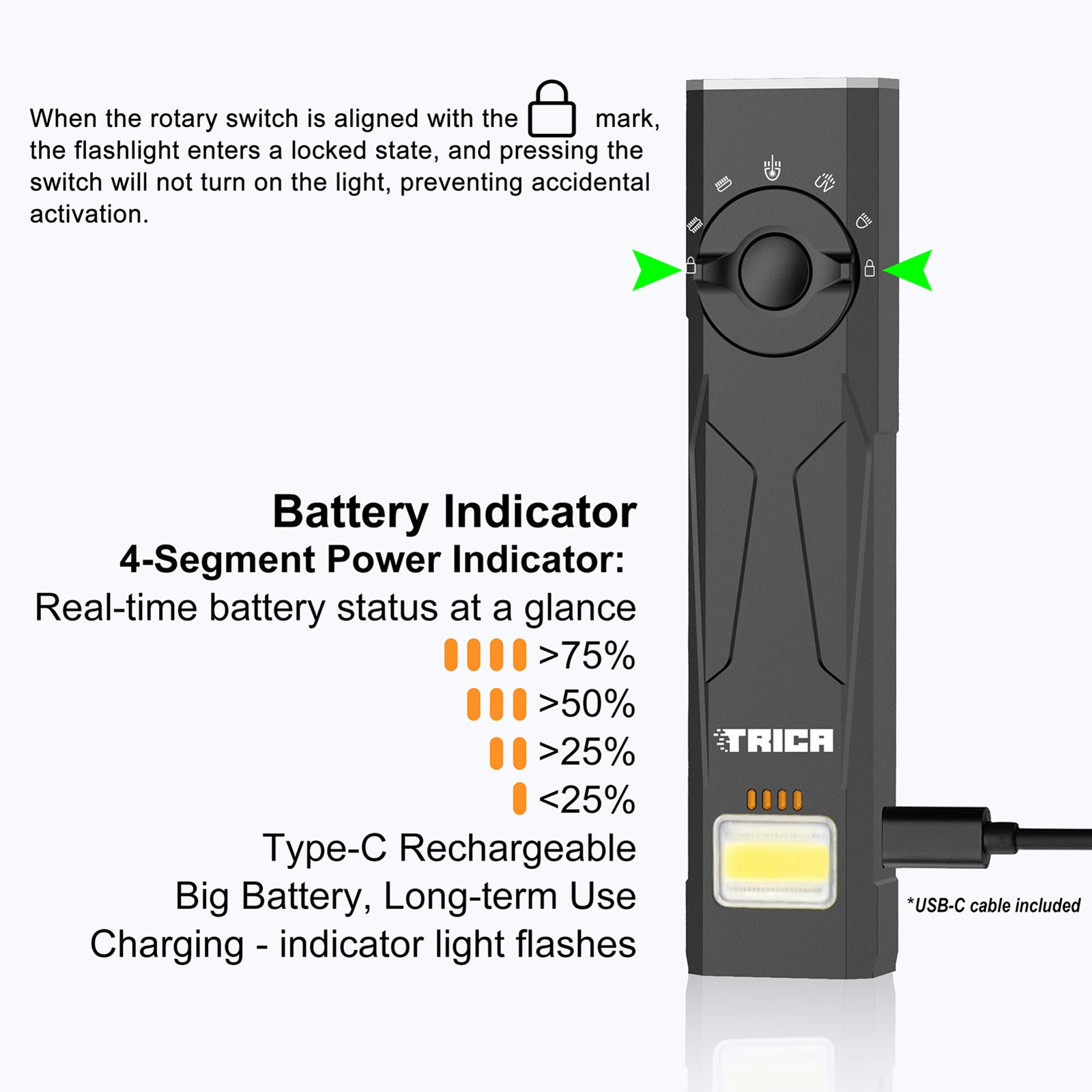 Trica 1350-Lumen EDC Flashlight – Green Beam, UV, Strobe, USB Rechargeable