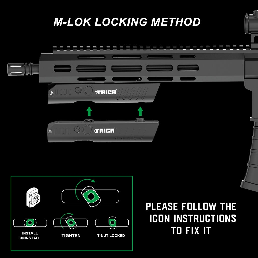 Trica TM60L 1350-Lumen Rifle Flashlight & Green Laser Combo – M-LOK Mount, Strobe