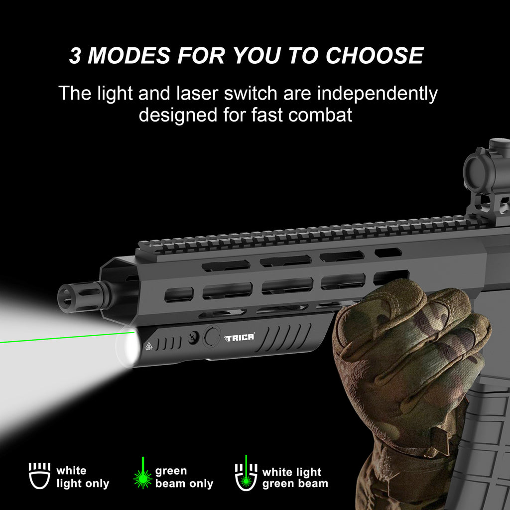 Trica TM60L 1350-Lumen Rifle Flashlight & Green Laser Combo – M-LOK Mount, Strobe