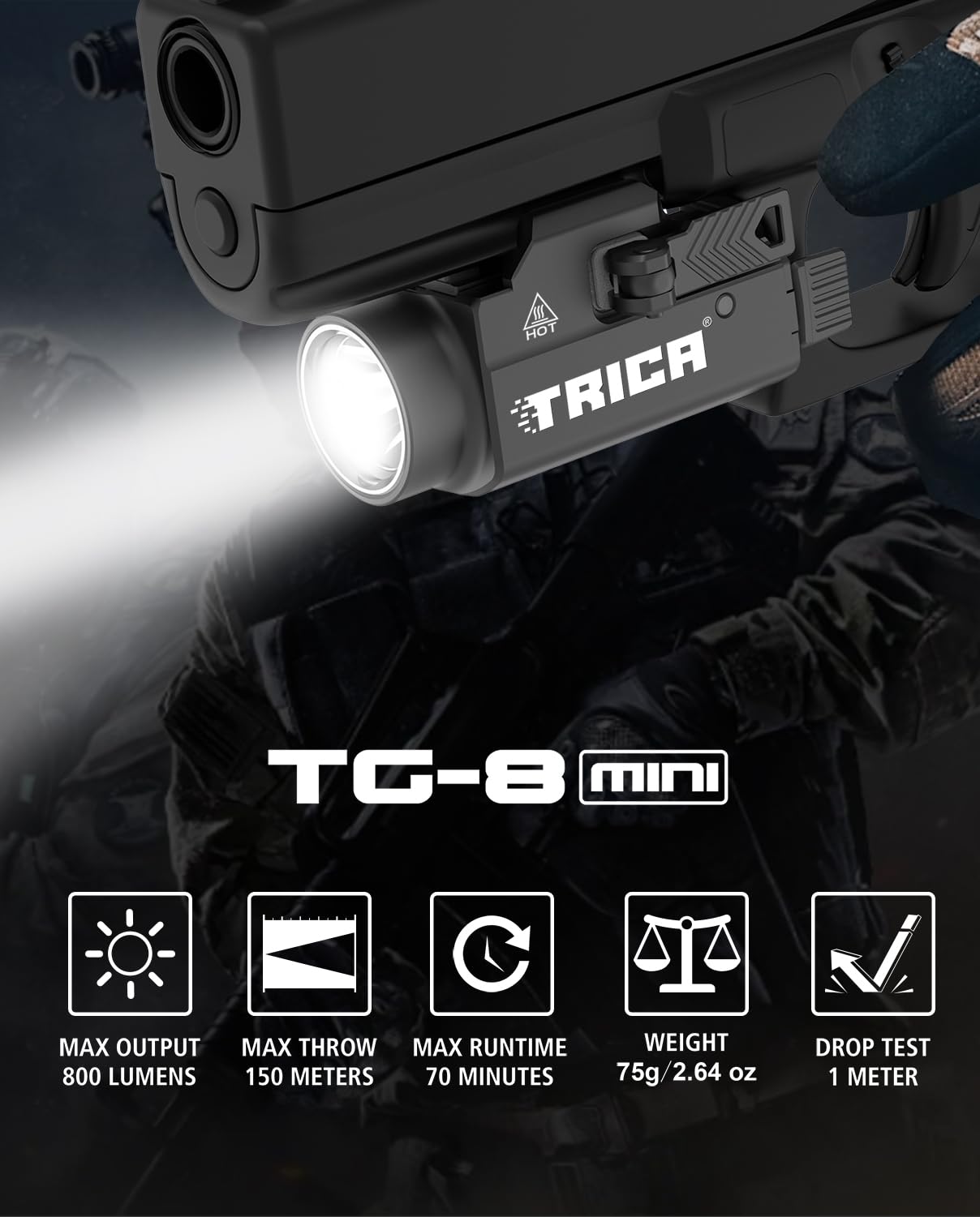 Trica 800-Lumen Pistol Light – Quick Release, USB Rechargeable, GL/Picatinny Rail
