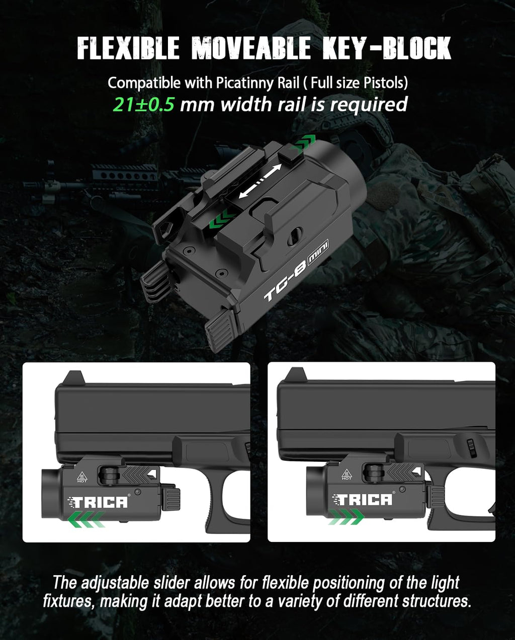 Trica 800-Lumen Pistol Light – Quick Release, USB Rechargeable, GL/Picatinny Rail