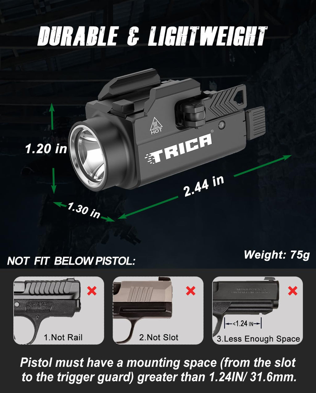 Trica 800-Lumen Pistol Light – Quick Release, USB Rechargeable, GL/Picatinny Rail