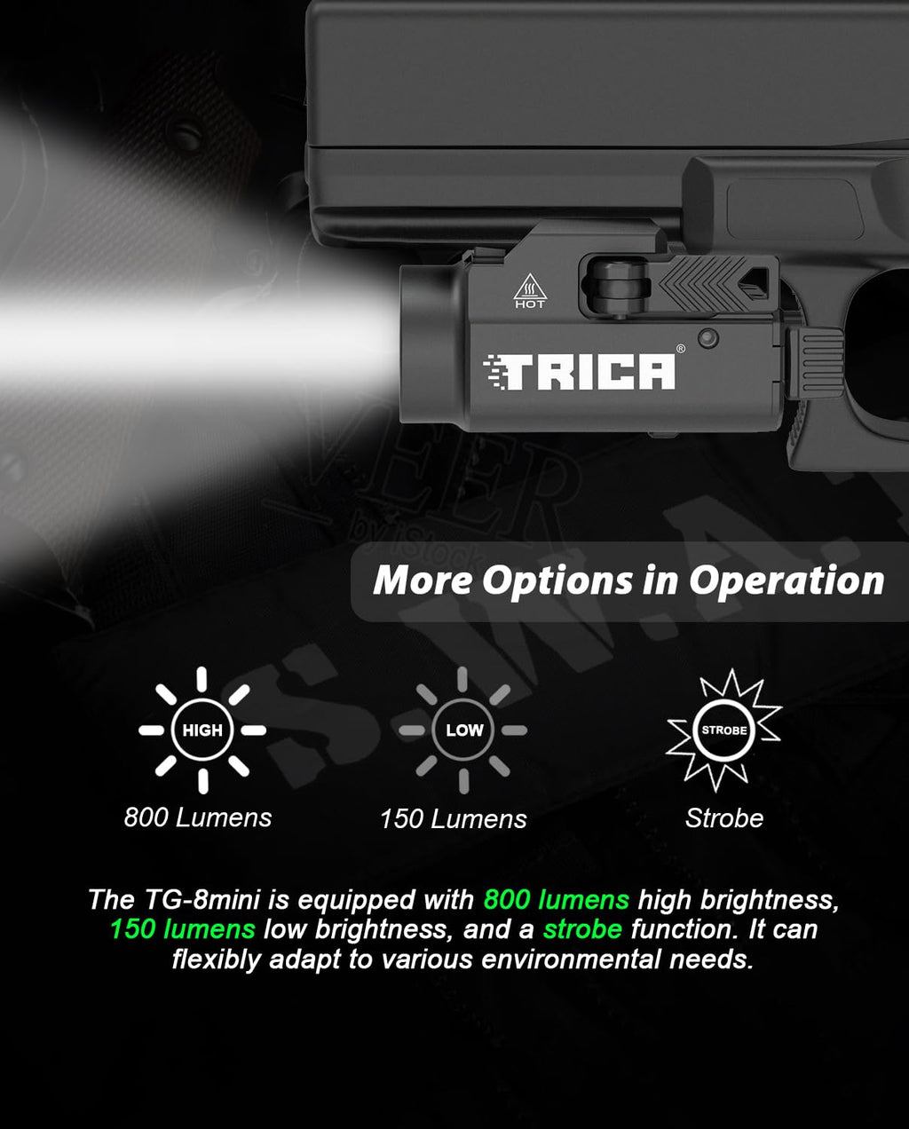 Trica 800-Lumen Pistol Light – Quick Release, USB Rechargeable, GL/Picatinny Rail