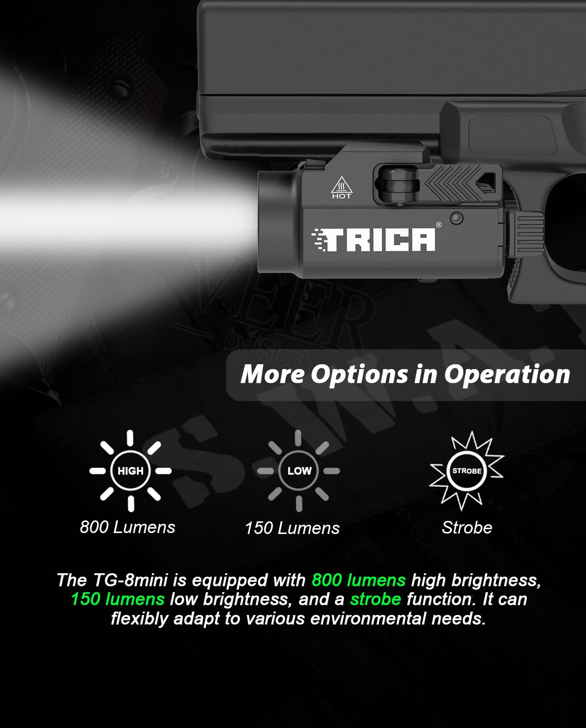 Trica 800-Lumen Pistol Light – Quick Release, USB Rechargeable, GL/Picatinny Rail