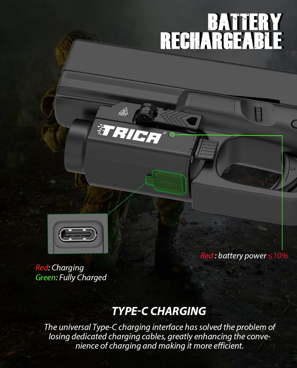 Trica 800-Lumen Pistol Light – Quick Release, USB Rechargeable, GL/Picatinny Rail